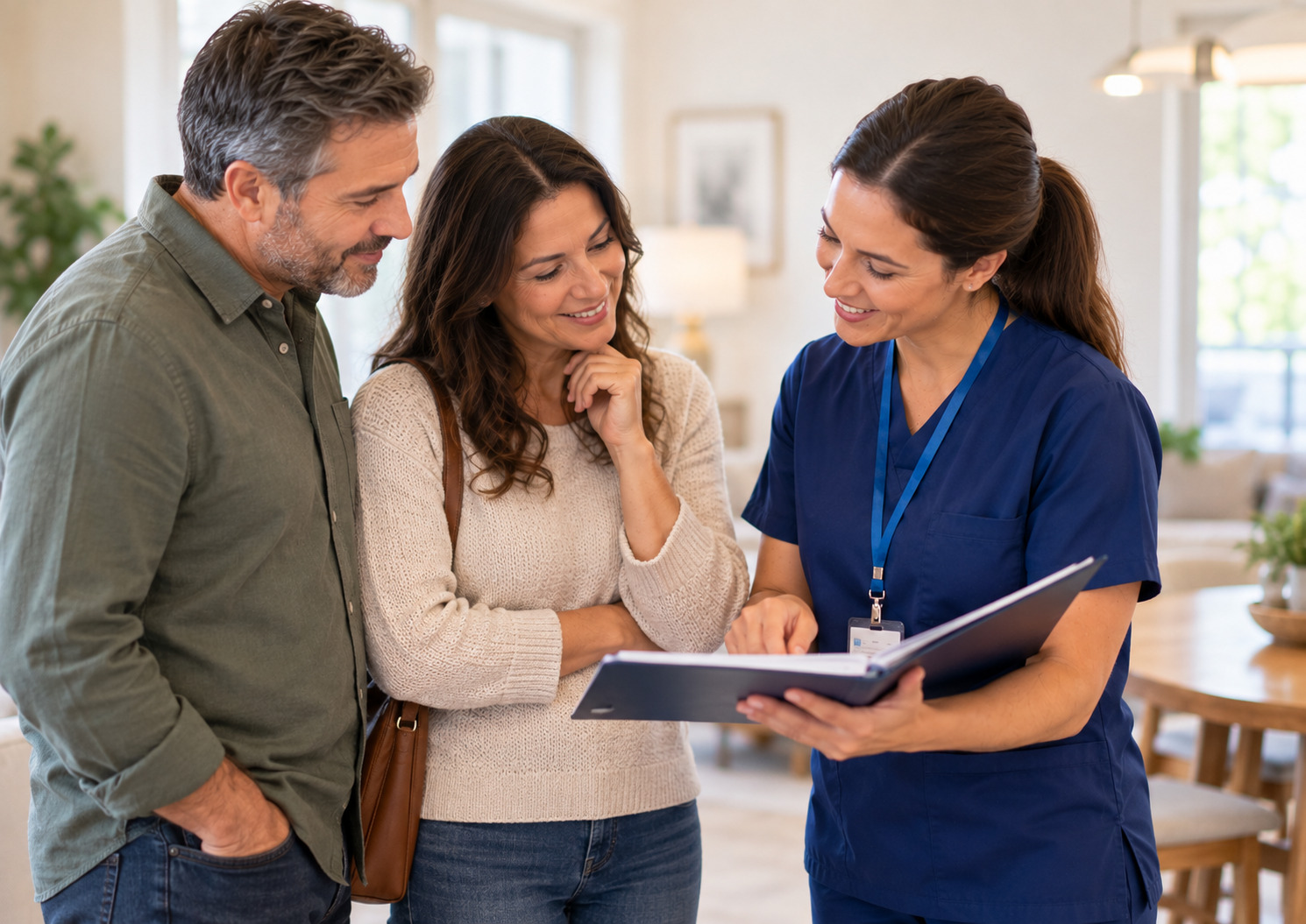 Cascacdes therapist running through medical forms with family of a senior resident